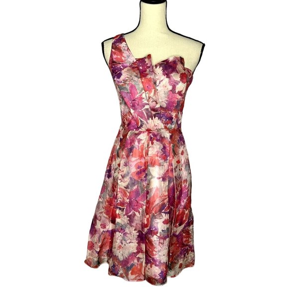David Meister Pink Floral Watercolor Silk One Shoulder Knee Length Dress Size 2 - Picture 1 of 8